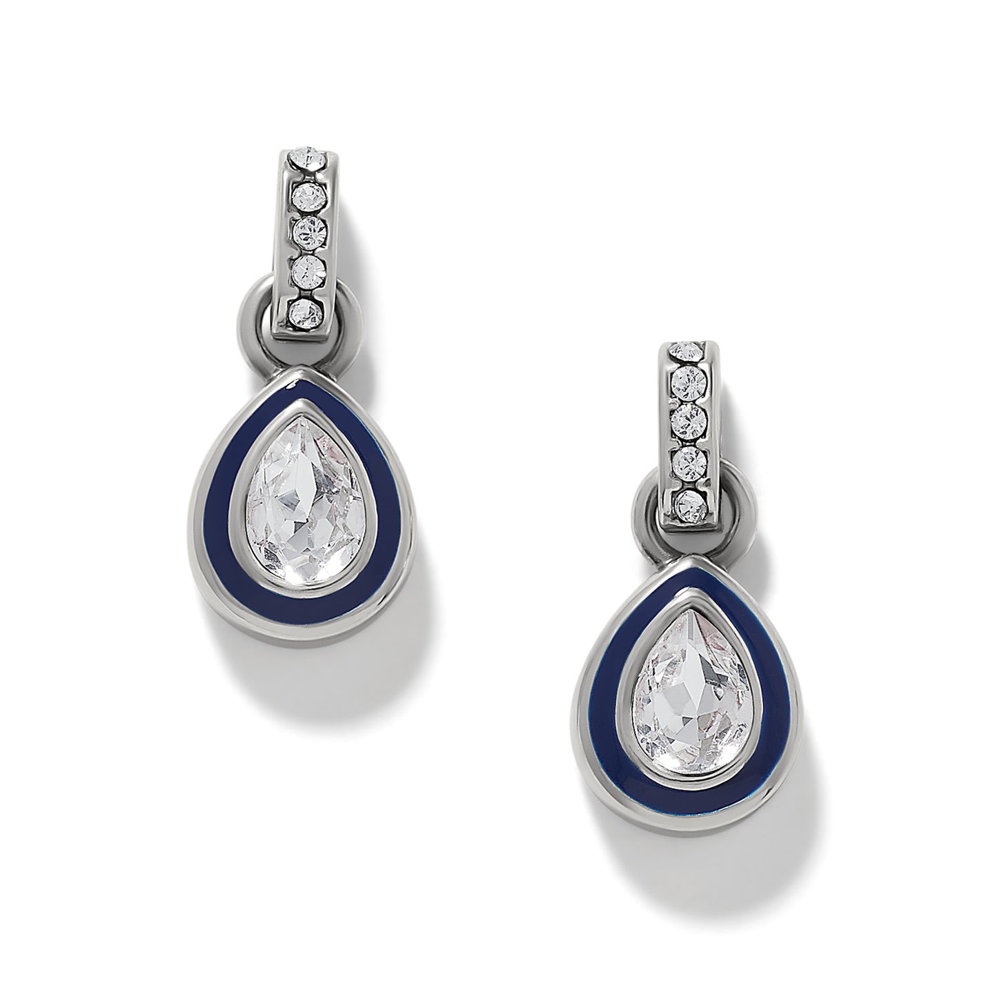 Brighton drop earrings with pear-shaped crystals, navy enamel borders, and silver-plated crystal bars on a white background