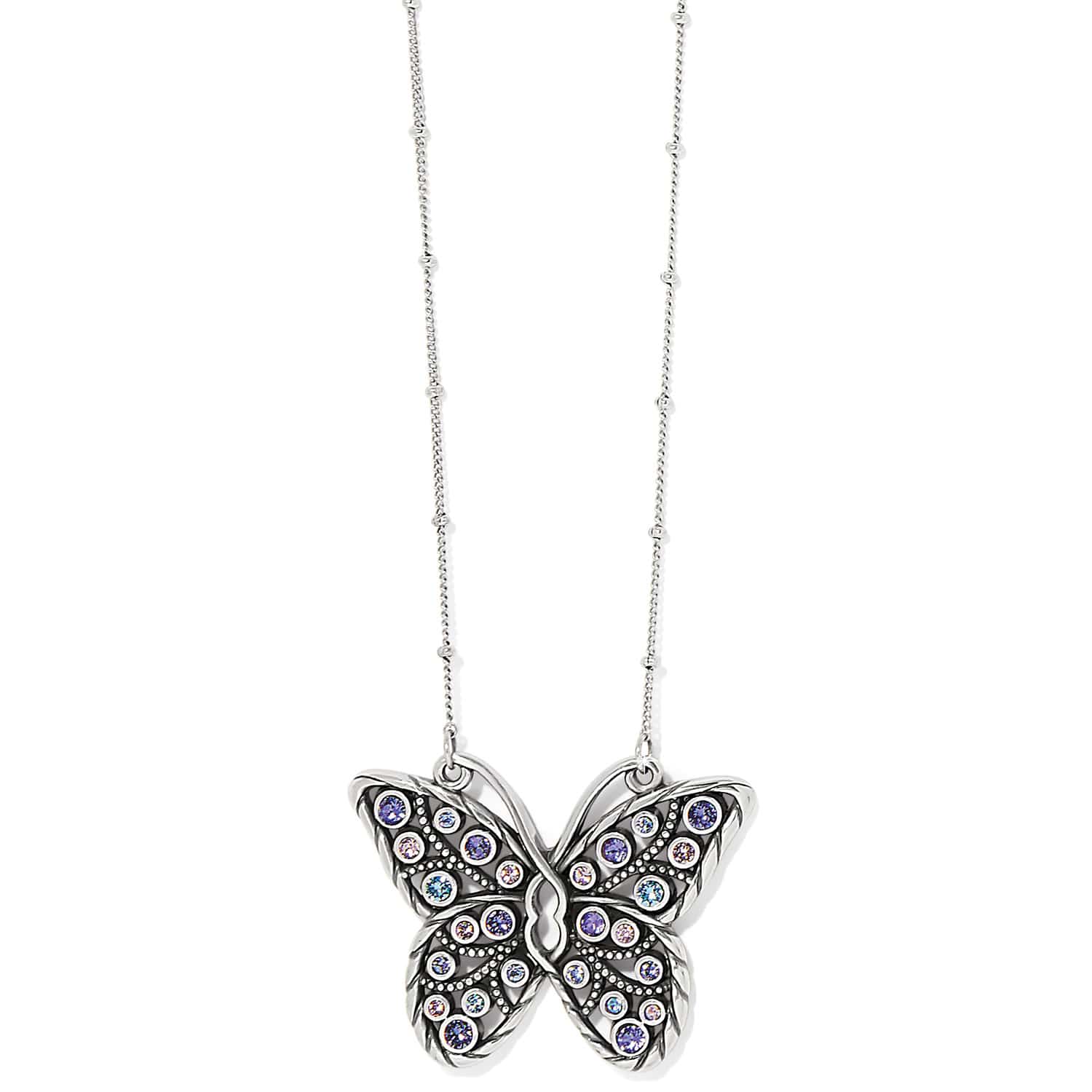 Brighton butterfly pendant necklace with purple and pink crystals on silver-plated beaded chain on a white background