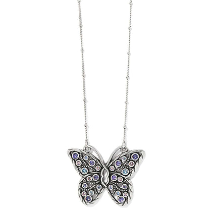 Brighton butterfly pendant necklace with purple and pink crystals on silver-plated beaded chain on a white background