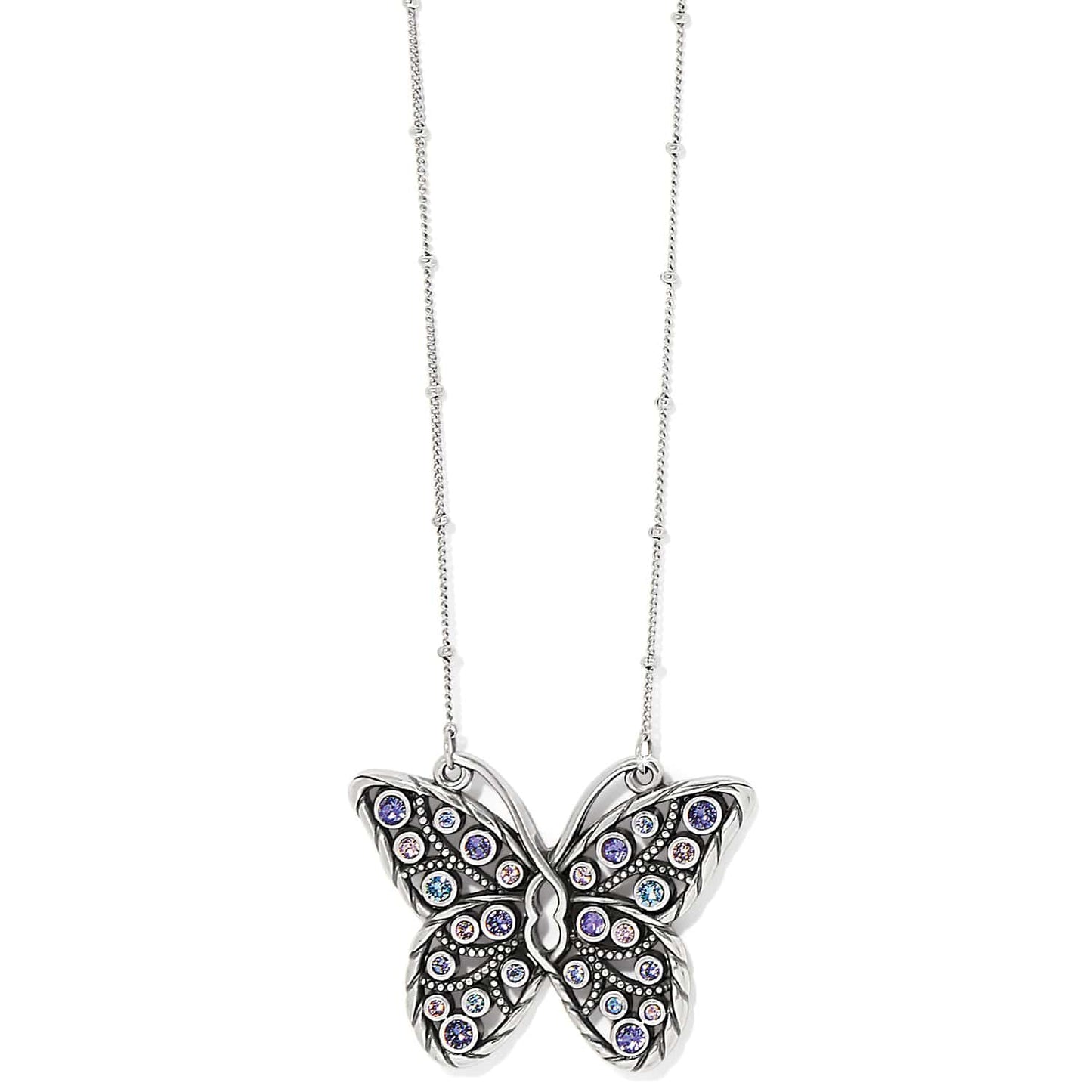 Brighton butterfly pendant necklace with purple and pink crystals on silver-plated beaded chain on a white background