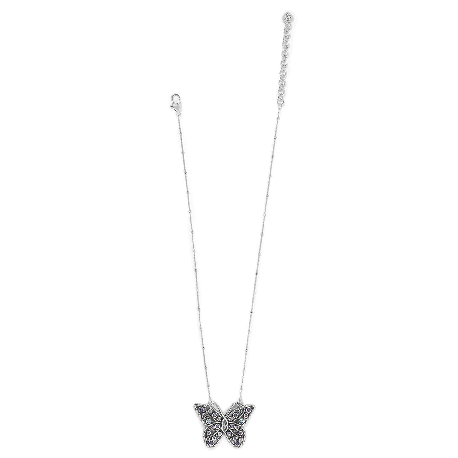 Brighton butterfly pendant necklace with multicolored crystals and silver-plated chain with beaded accents on a white background