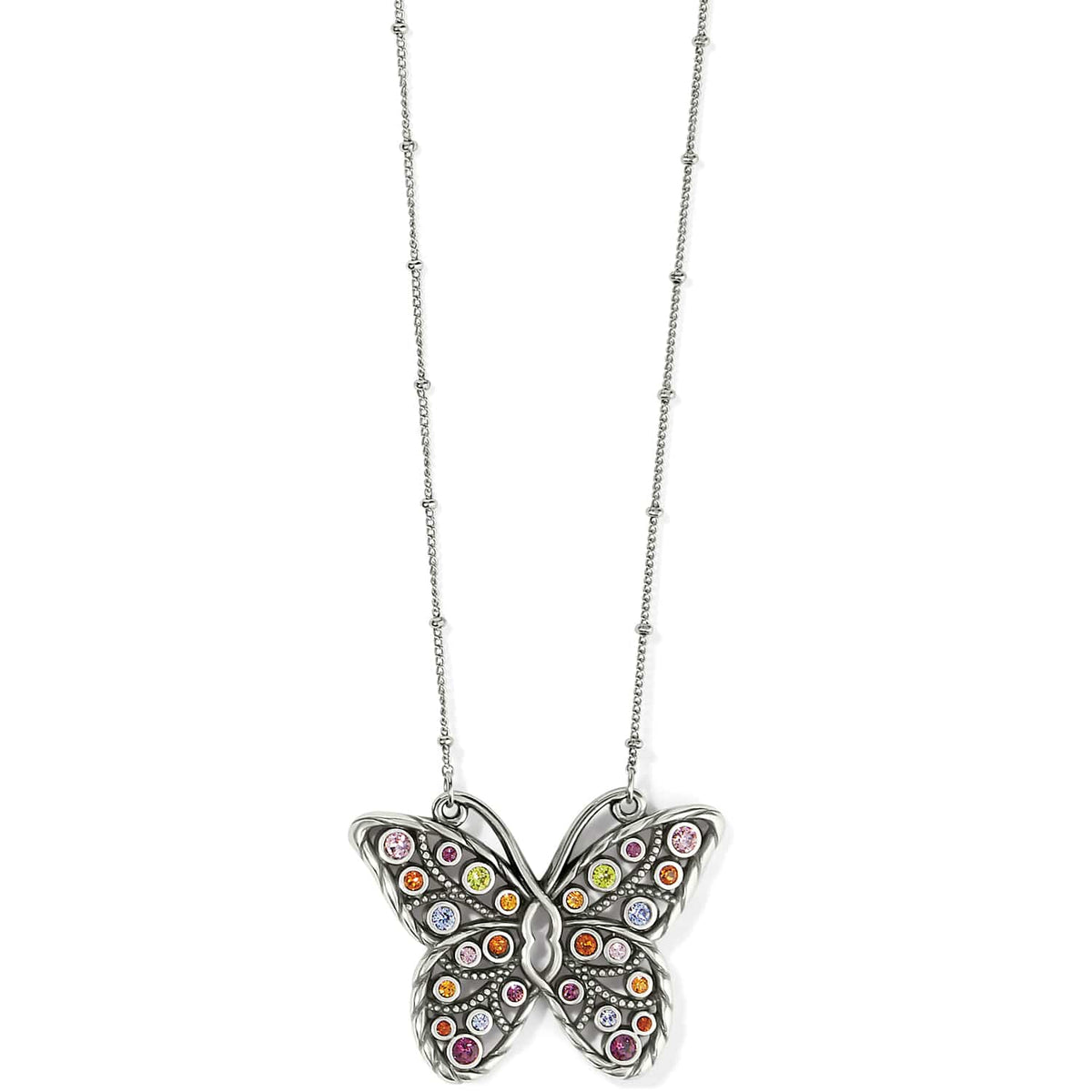 Brighton pendant necklace with silver-plated butterfly and multicolored crystals on a beaded chain on a white background