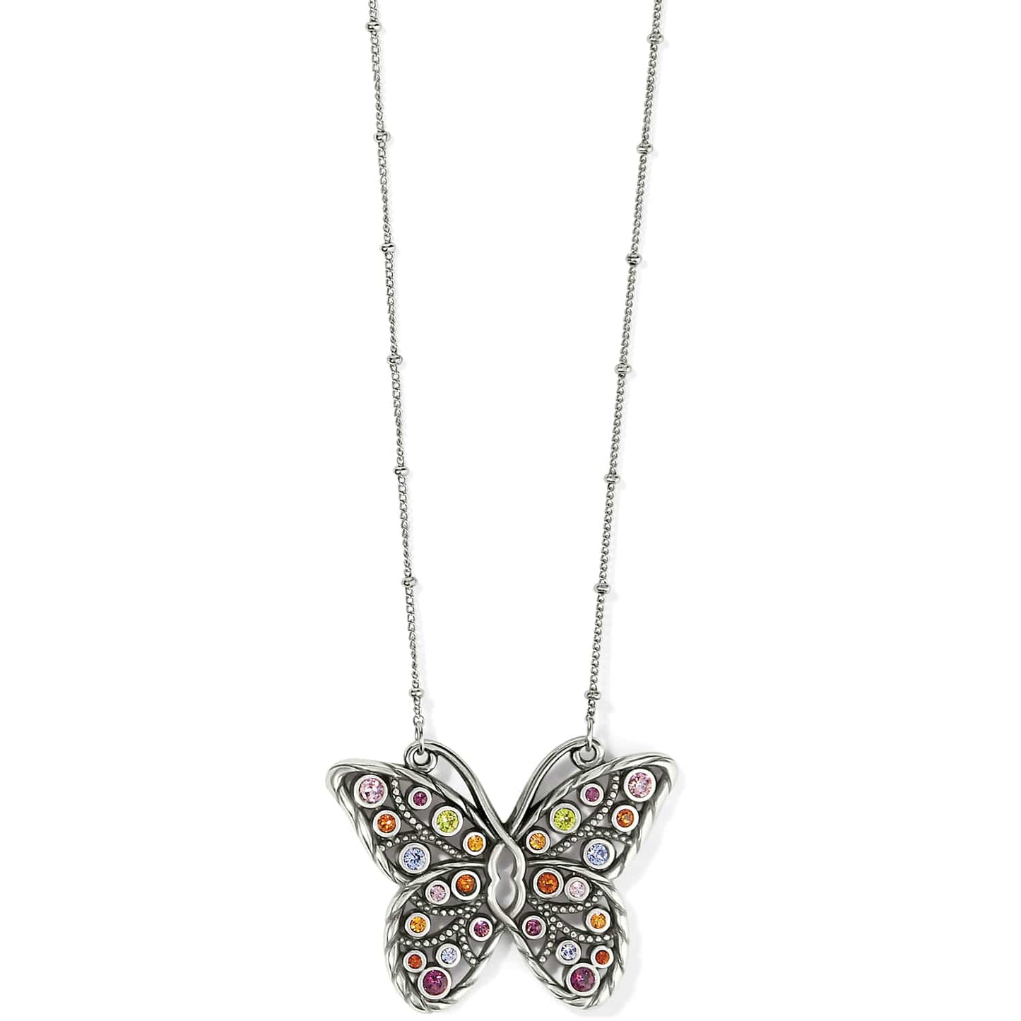 Brighton pendant necklace with silver-plated butterfly and multicolored crystals on a beaded chain on a white background