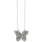 Brighton butterfly pendant necklace with silver-plated wings featuring circle and dot detailing on beaded chain on a white background