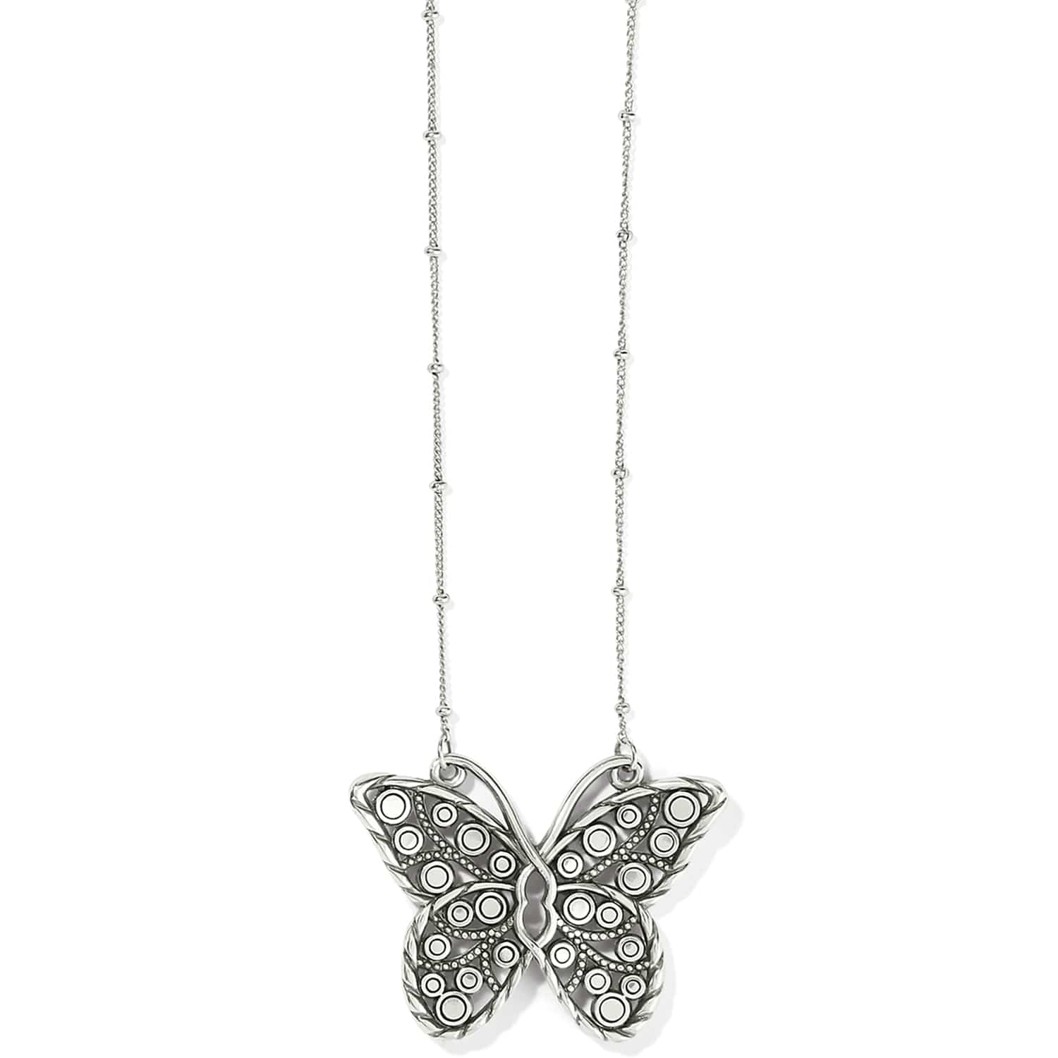 Brighton butterfly pendant necklace with silver-plated wings featuring circle and dot detailing on beaded chain on a white background