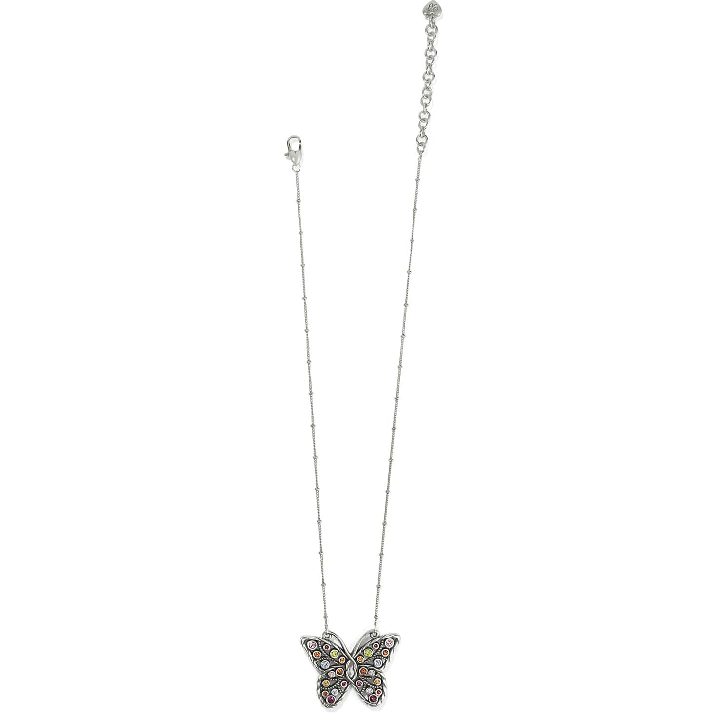 Brighton butterfly pendant necklace with multicolored crystals and silver-plated chain with beaded accents on a white background