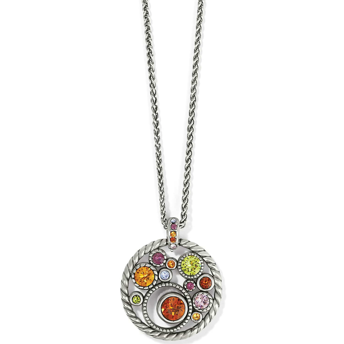Brighton pendant necklace with silver-plated rope-edge medallion and multicolored crystals on a white background
