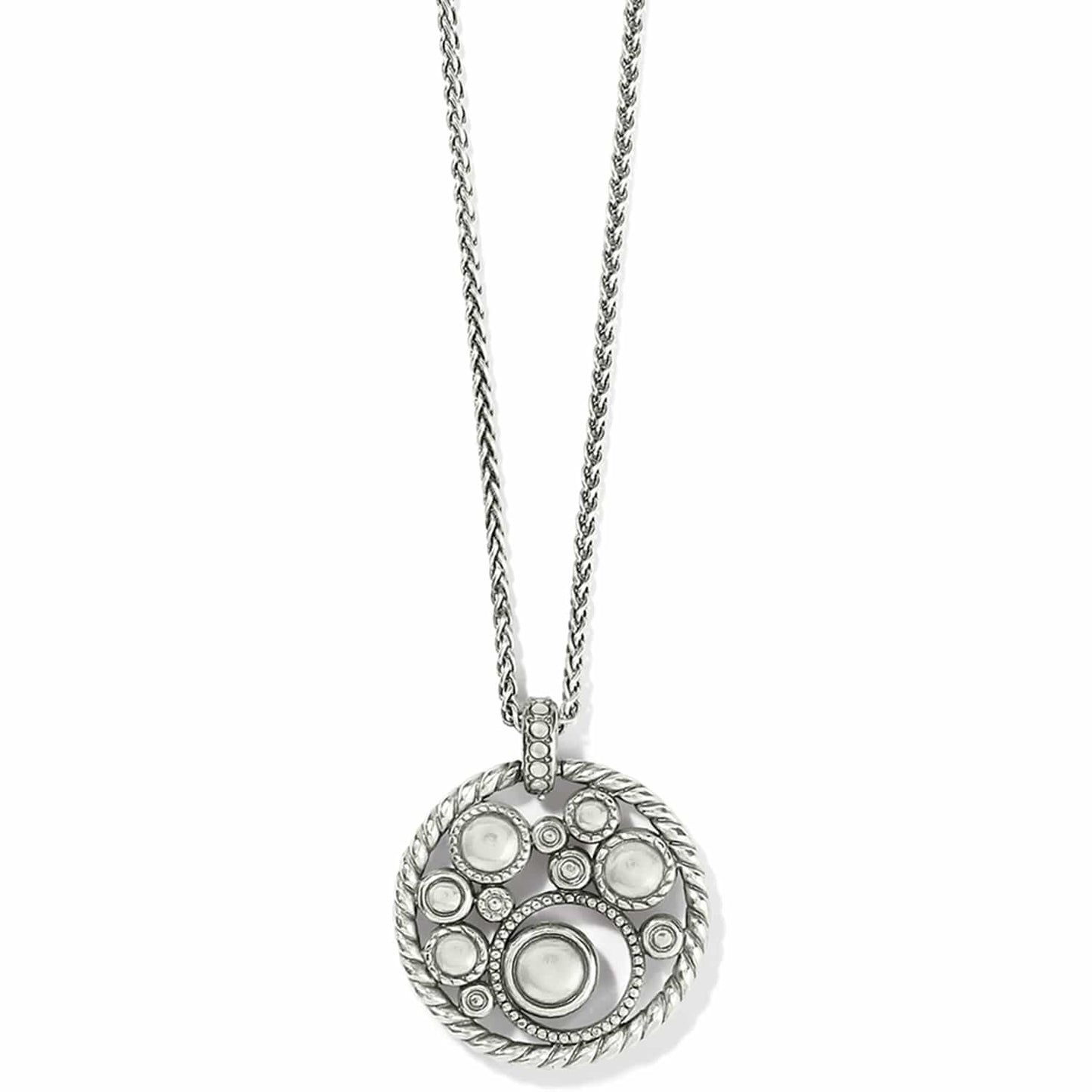 Brighton pendant necklace with silver-plated round medallion featuring crystals and rope-twist border on a white background