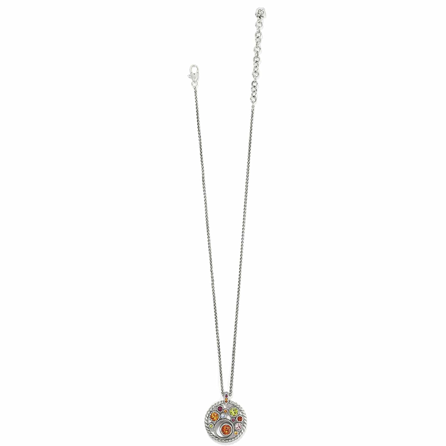 Brighton pendant necklace with silver-plated round pendant featuring multicolored crystals and rope-twist border on a white background