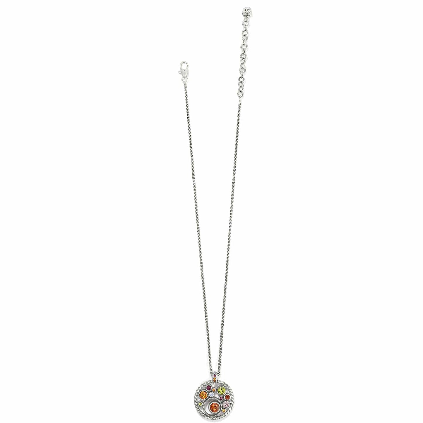 Brighton pendant necklace with silver-plated round pendant featuring multicolored crystals and rope-twist border on a white background