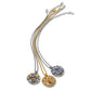Brighton three pendant necklaces with silver-plated and gold-tone chains featuring round medallions with multicolored crystals on a white background