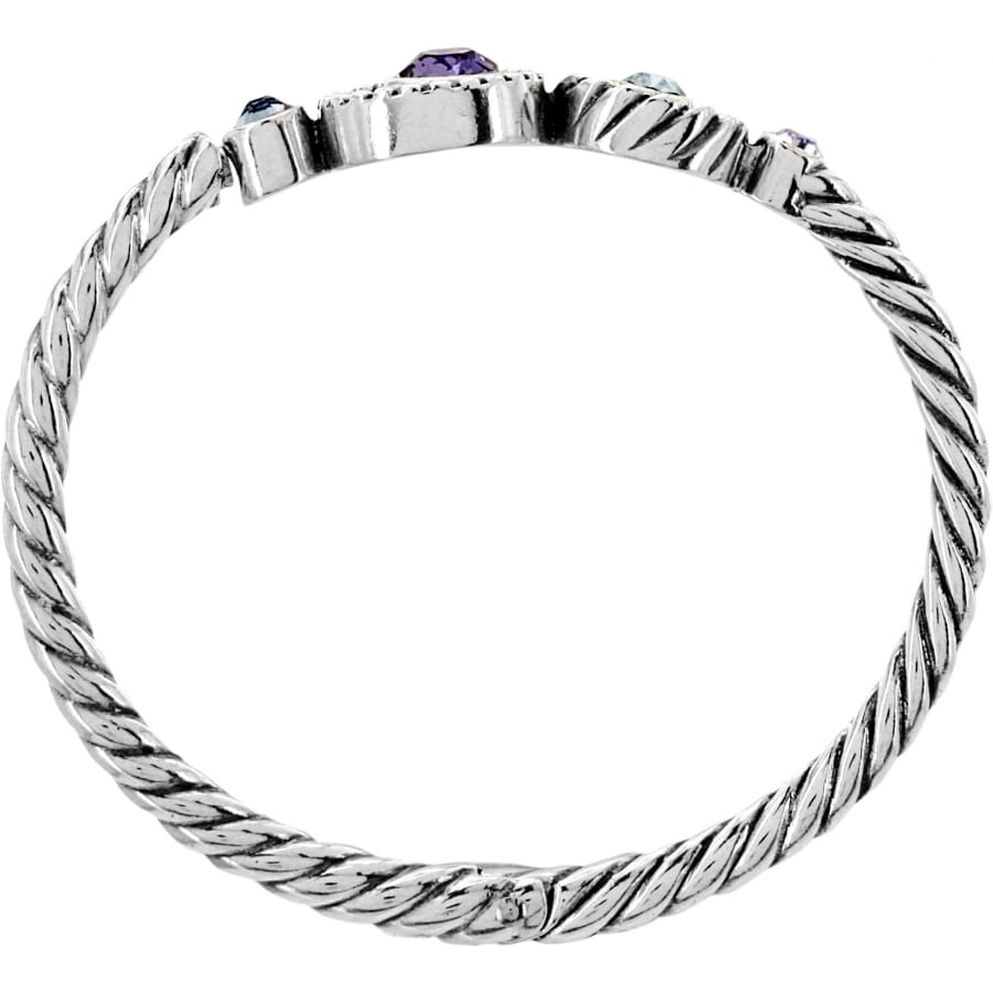 Brighton silver-plated ring with twisted rope band and multicolored crystal accents, side view, on a white background
