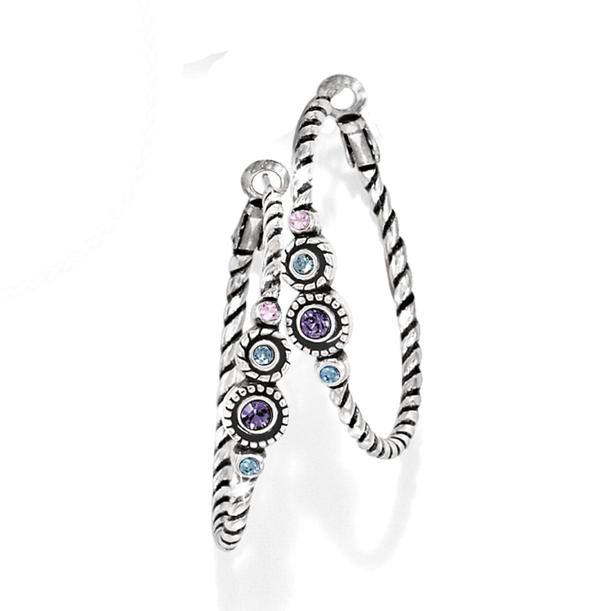 Brighton hoop earrings with silver-plated rope texture and purple, pink, and blue crystal accents on a white background