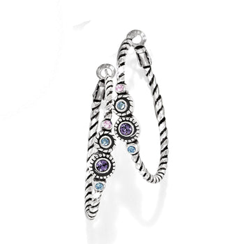 Brighton hoop earrings with silver-plated rope texture and purple, pink, and blue crystal accents on a white background