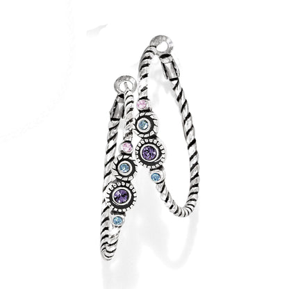 Brighton hoop earrings with silver-plated rope texture and purple, pink, and blue crystal accents on a white background