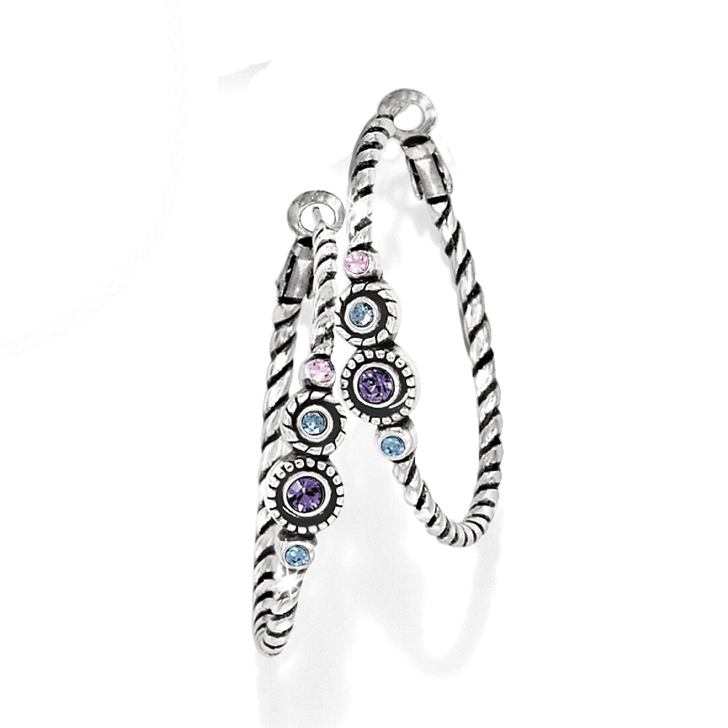Brighton hoop earrings with silver-plated rope texture and purple, pink, and blue crystal accents on a white background