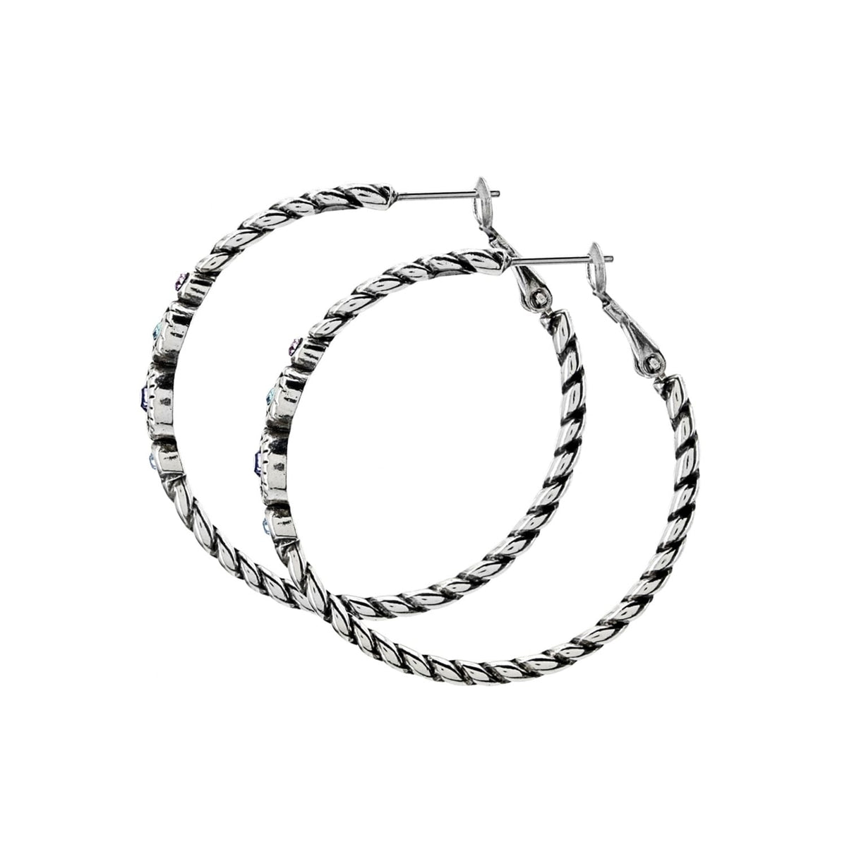 Brighton silver-plated hoop earrings with twisted rope texture and small crystal accents on a white background