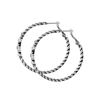 Brighton silver-plated hoop earrings with twisted rope texture and small crystal accents on a white background