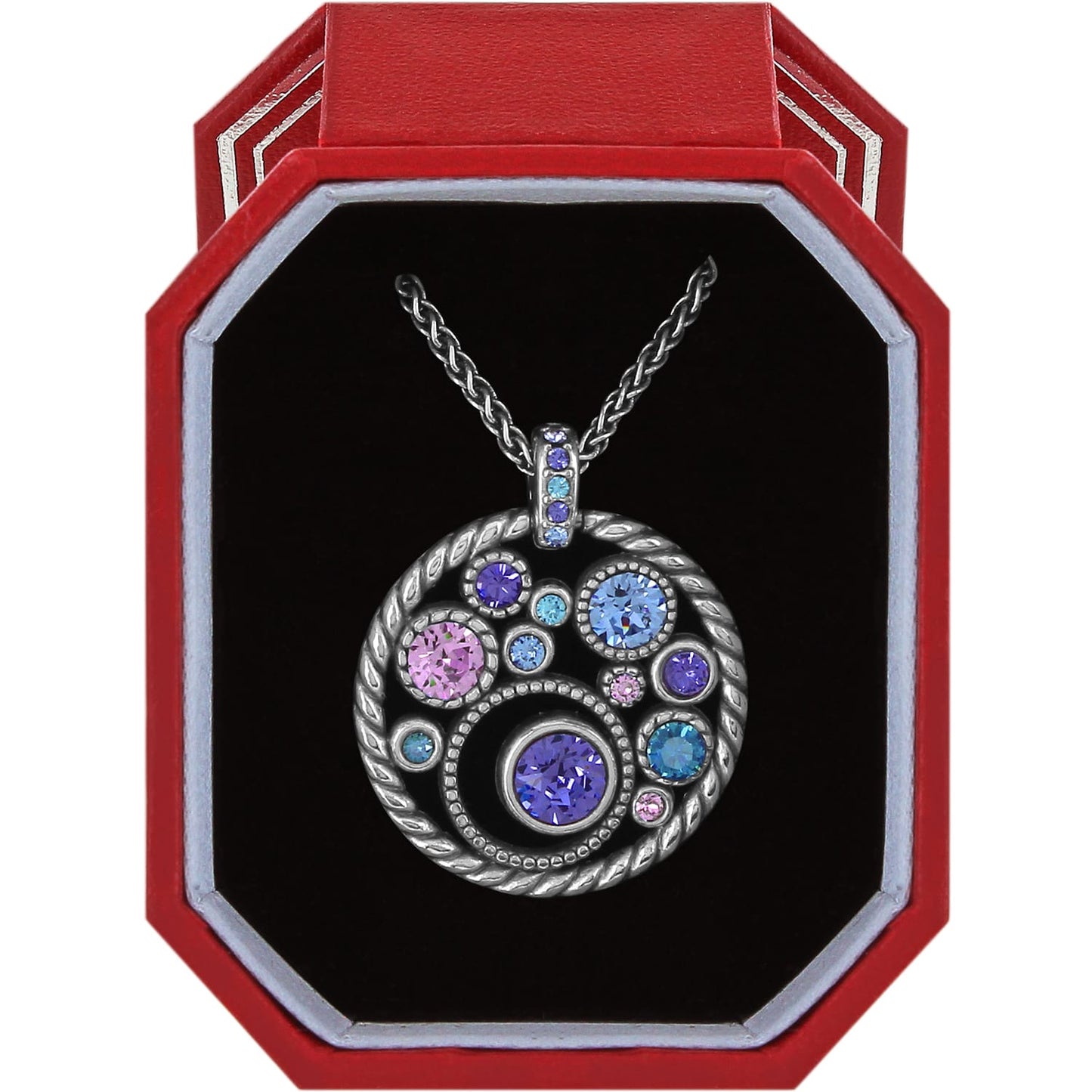 Brighton pendant necklace with silver-plated circular design and purple, blue, and pink crystals in red gift box