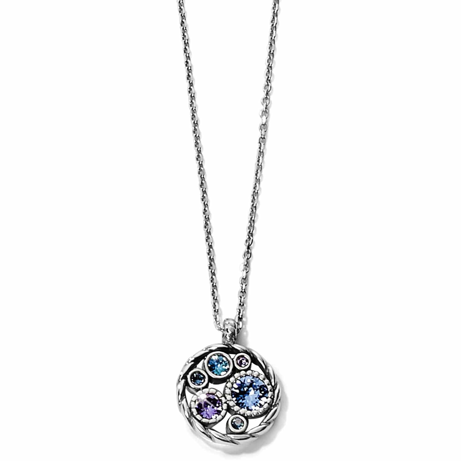 Brighton pendant necklace with silver-plated round cluster of blue and purple crystals on a white background