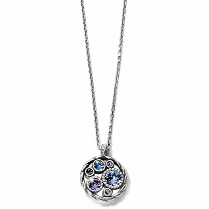 Brighton pendant necklace with silver-plated round cluster of blue and purple crystals on a white background