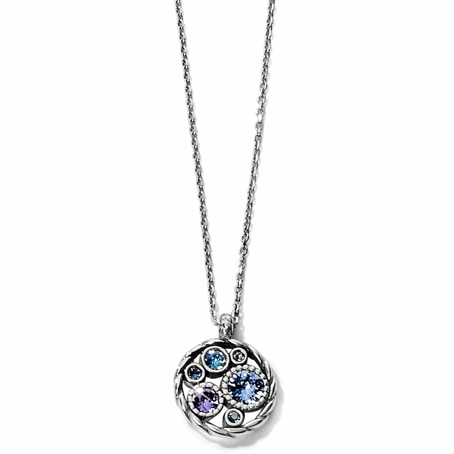 Brighton pendant necklace with silver-plated round cluster of blue and purple crystals on a white background