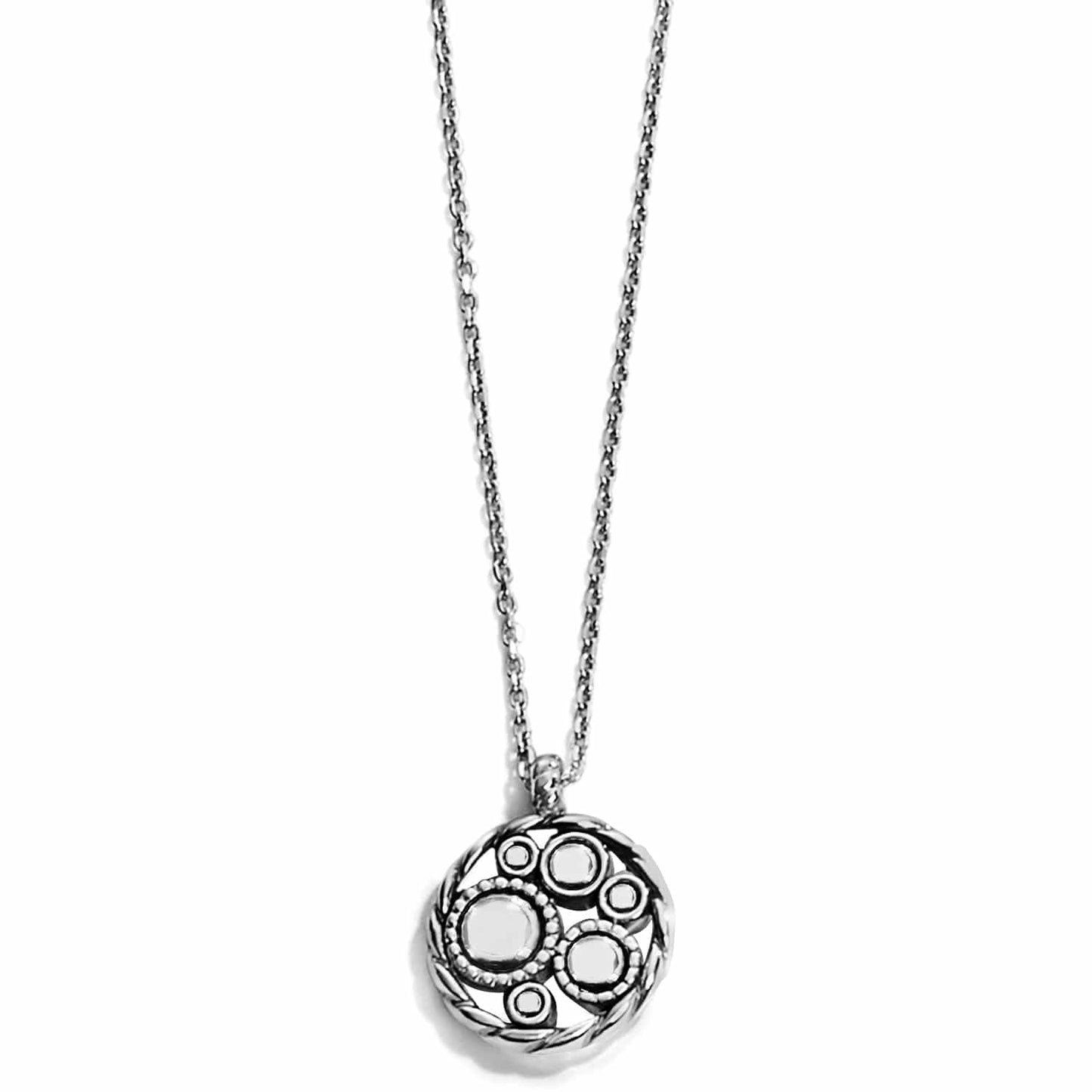 Brighton pendant necklace with silver-plated round medallion featuring circular bubble motifs and rope trim on a white background