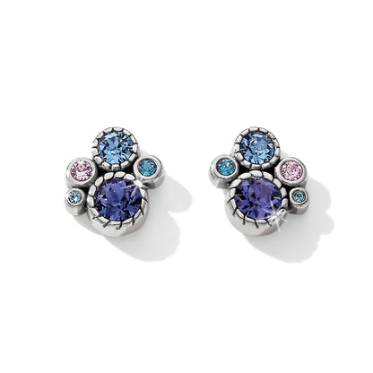 Brighton stud earrings with purple, blue, and pink crystal clusters in silver-plated settings on a white background