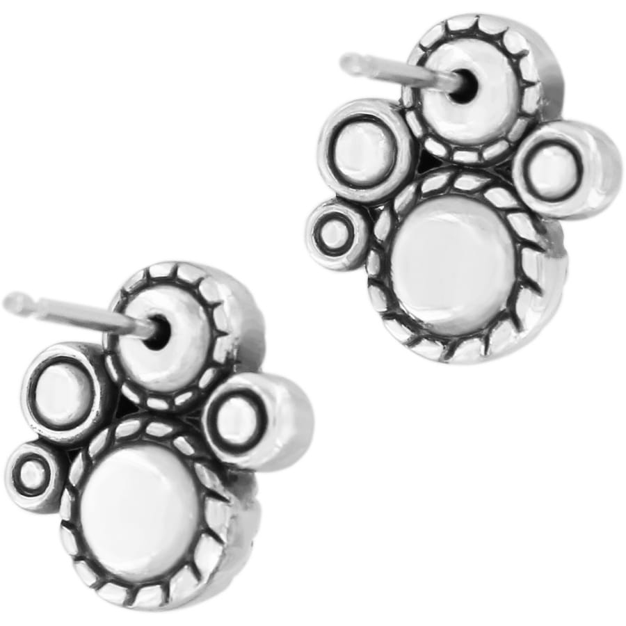 Brighton stud earrings with silver-plated clustered circle design and rope-edge detailing on a white background