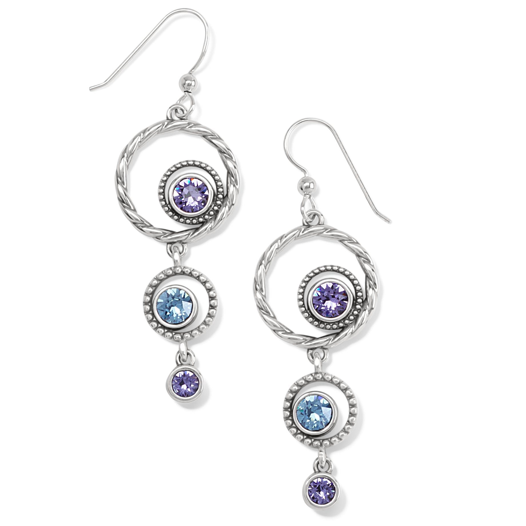 Brighton drop earrings with silver-plated circles and purple and blue crystal accents on a white background