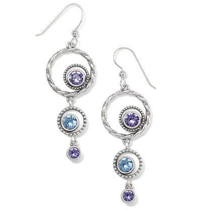 Brighton drop earrings with silver-plated circles and purple and blue crystal accents on a white background
