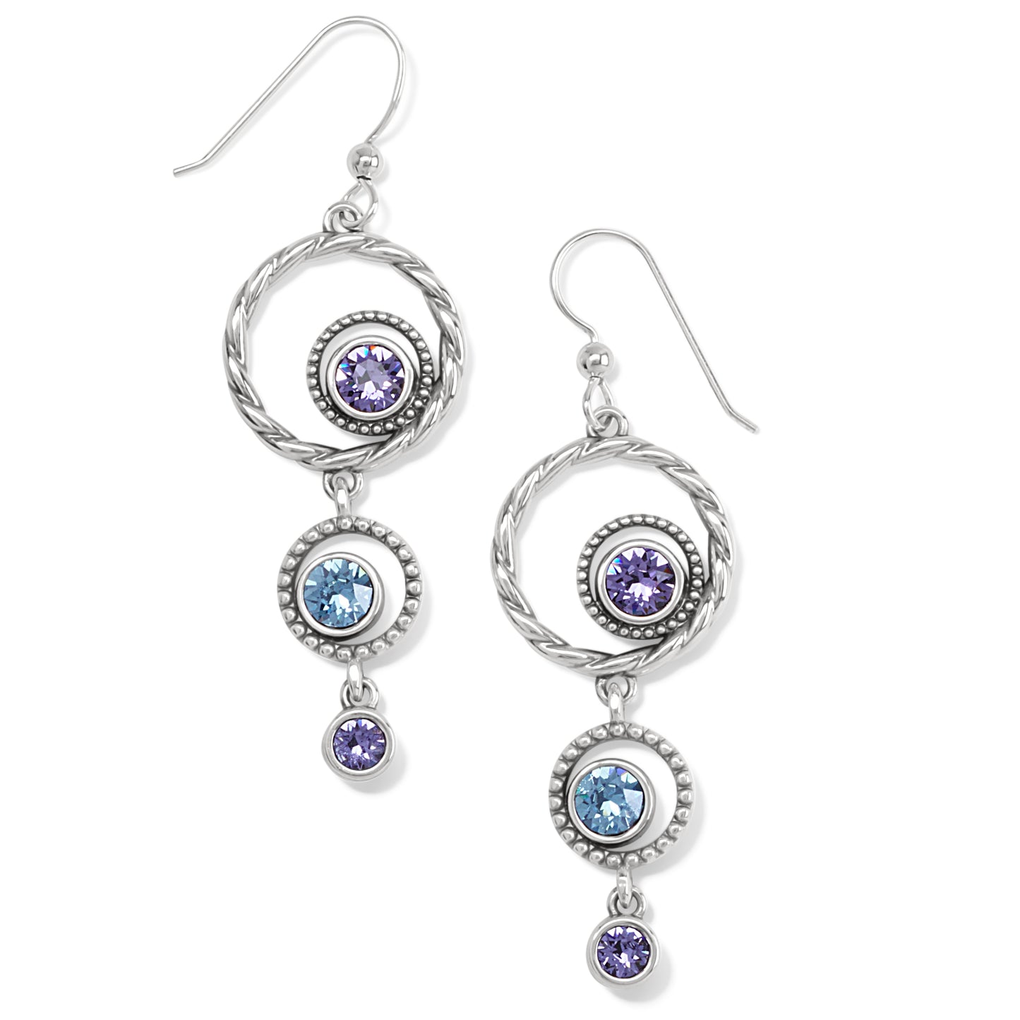 Brighton drop earrings with silver-plated circles and purple and blue crystal accents on a white background
