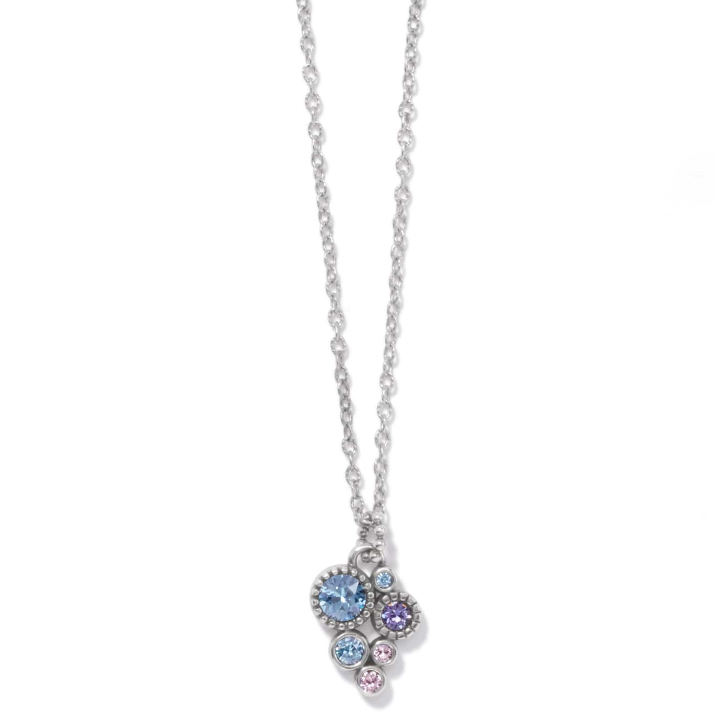 Brighton pendant necklace with clustered blue, purple, and pink crystals and silver-plated chain on a white background