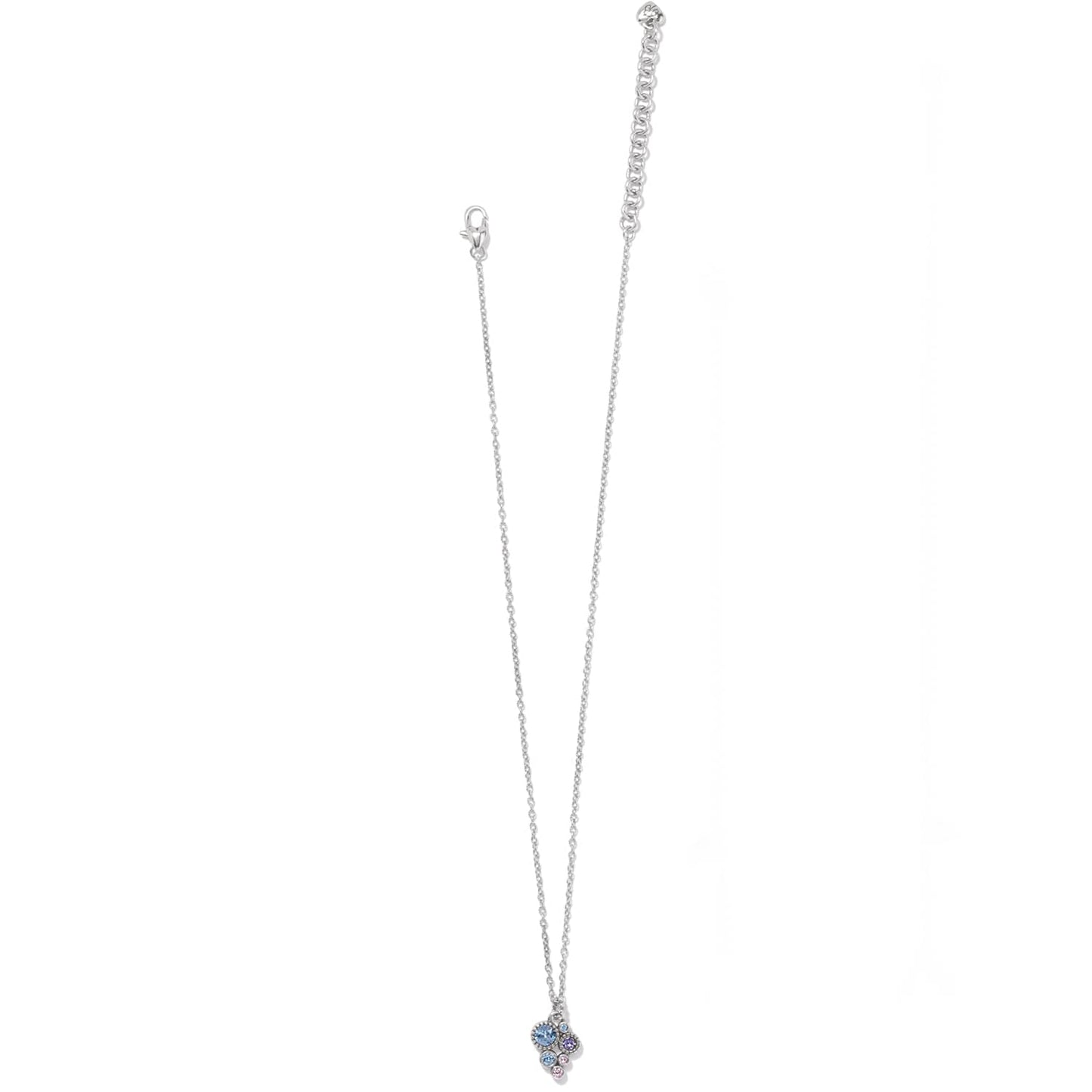Brighton silver-plated pendant necklace with blue, purple, and pink crystal cluster charm on a white background