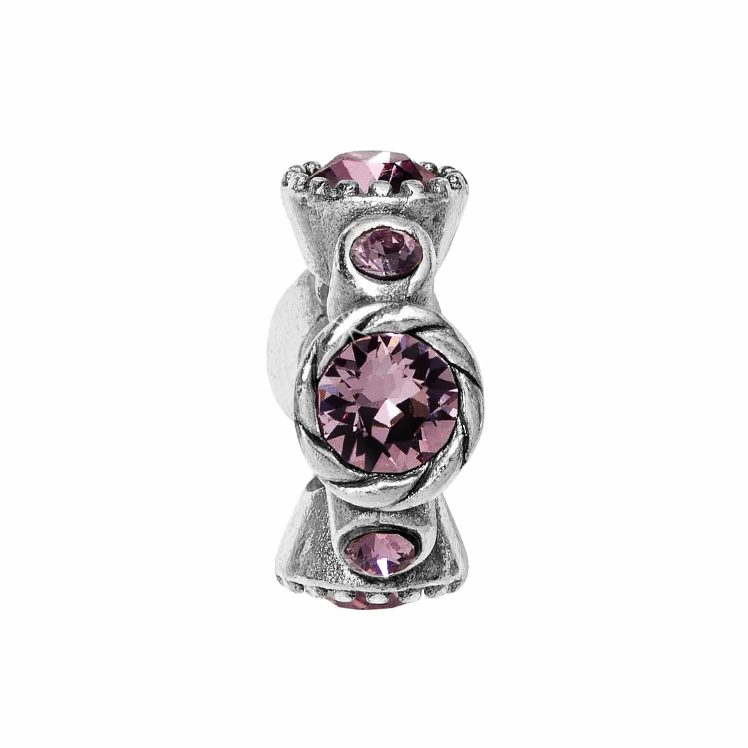 Brighton silver-plated charm bead with pink crystal accents and rope-twist detailing around the center on a white background
