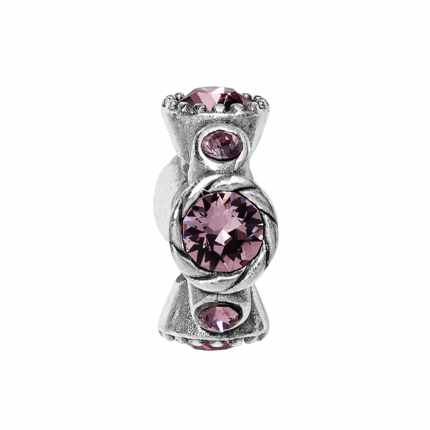 Brighton silver-plated charm bead with pink crystal accents and rope-twist detailing around the center on a white background