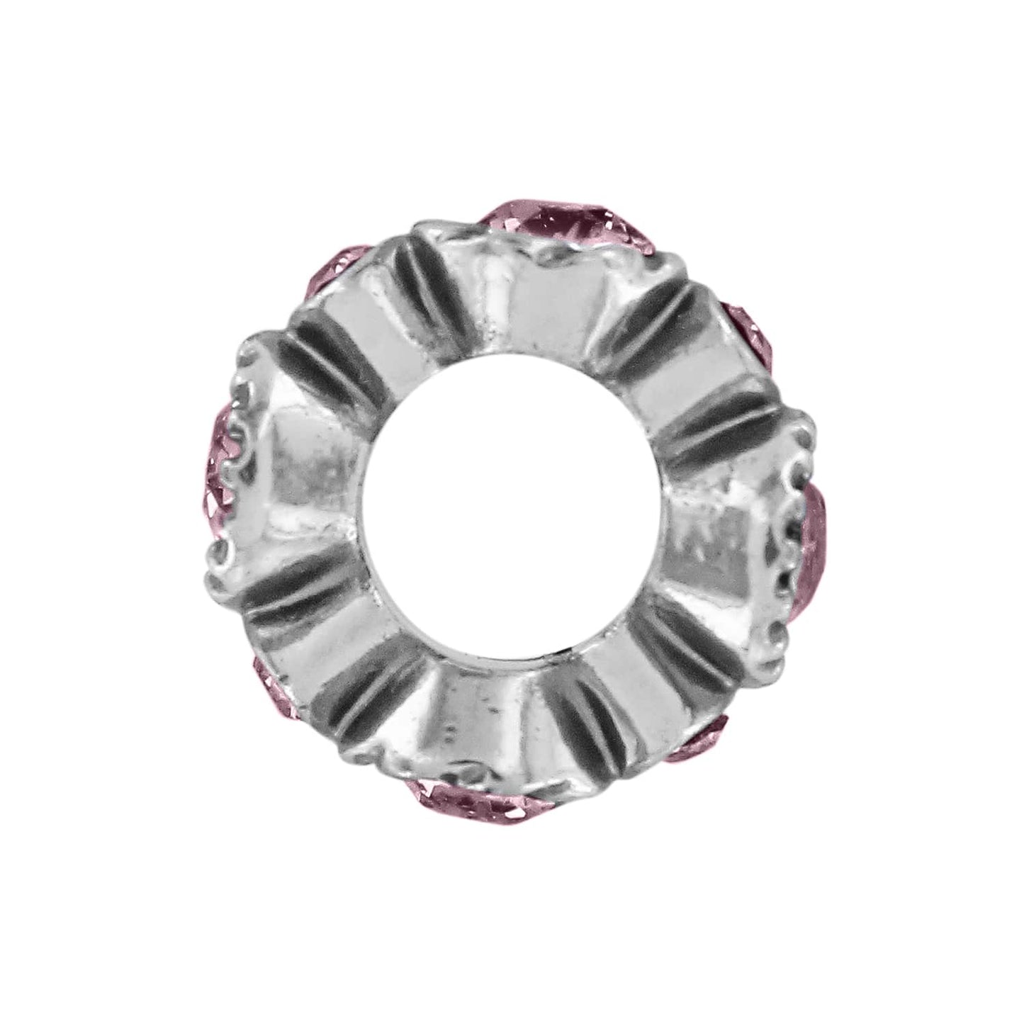 Brighton silver-plated spacer bead with pink crystal accents and ribbed detailing around a central opening on a white background