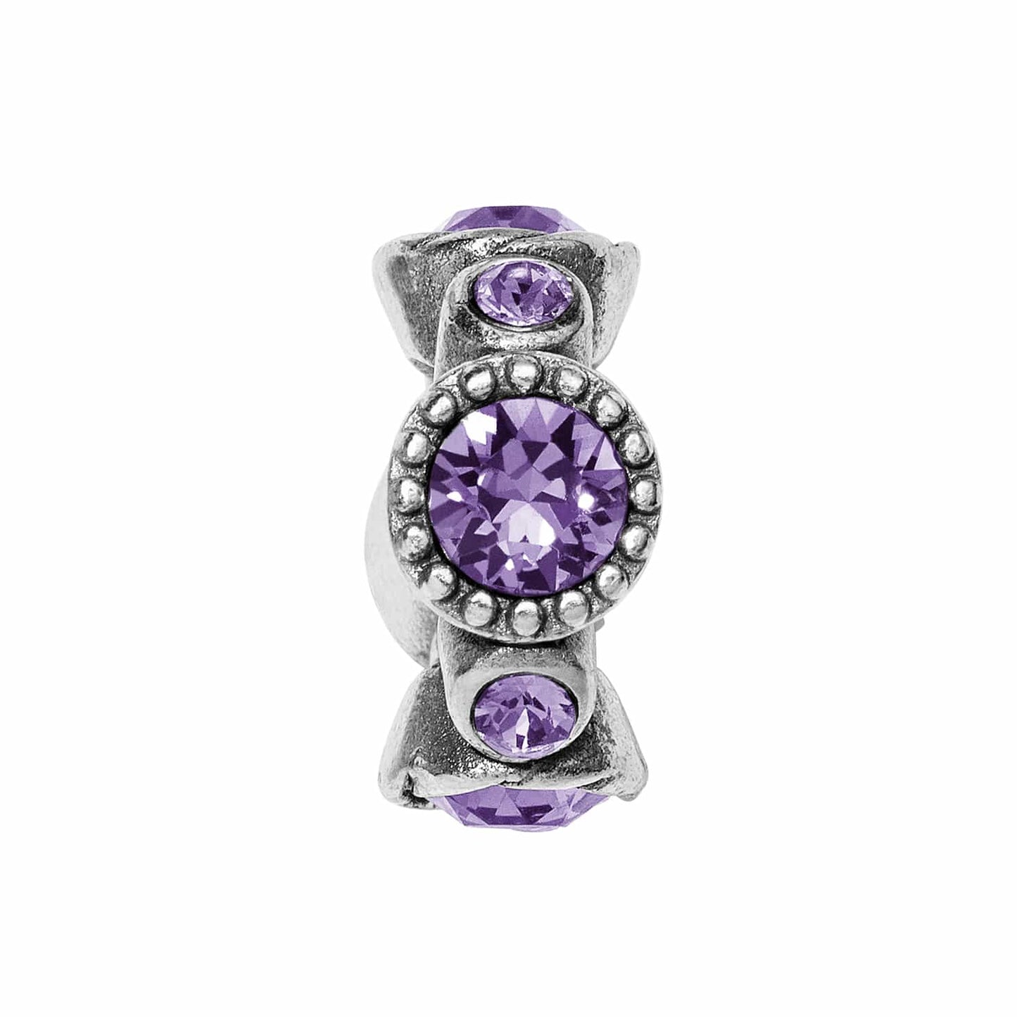 Brighton charm bead with purple crystal accents and silver-plated beaded detailing on a white background