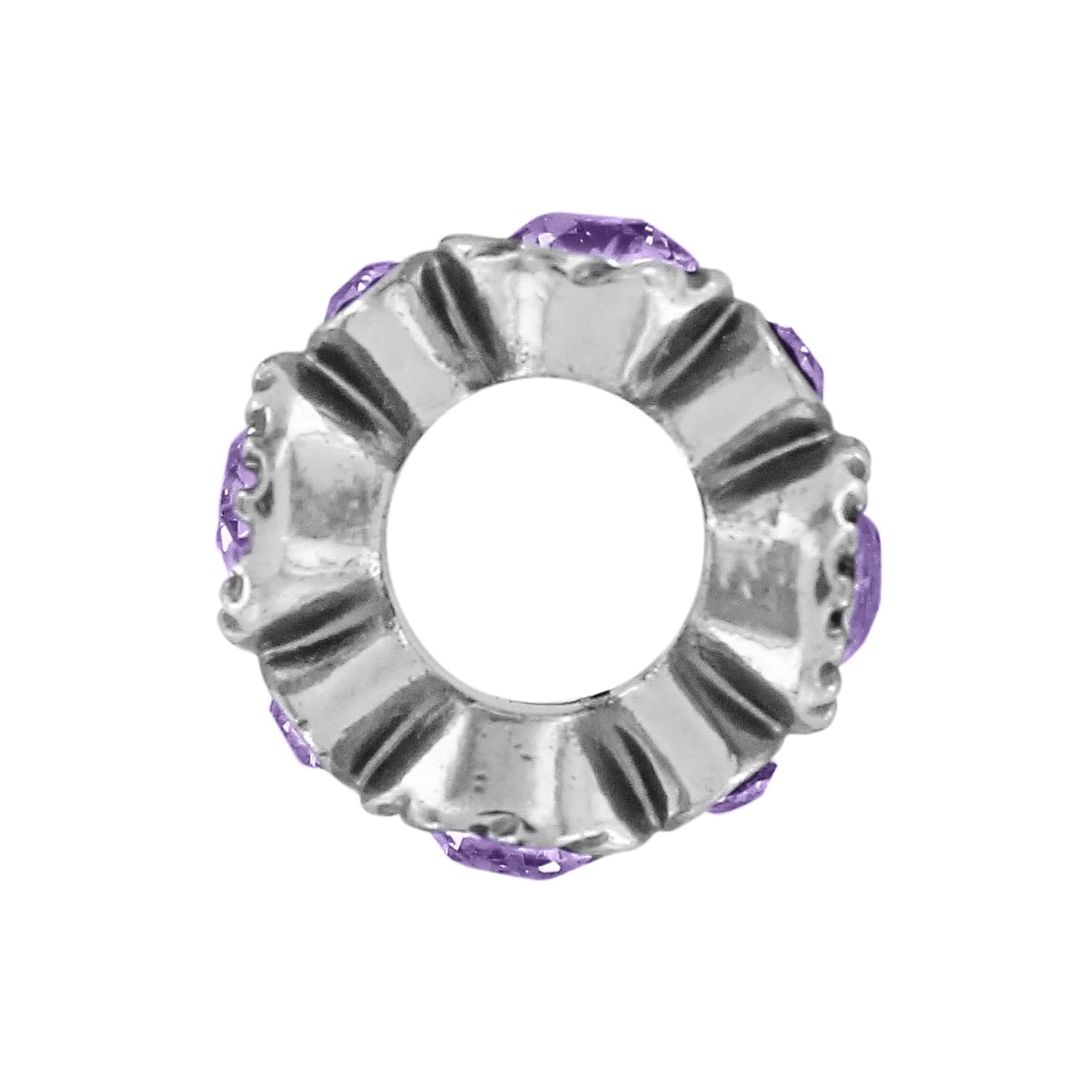 Brighton silver-plated spacer charm with purple crystal accents and ribbed detailing, shown from above on a white background