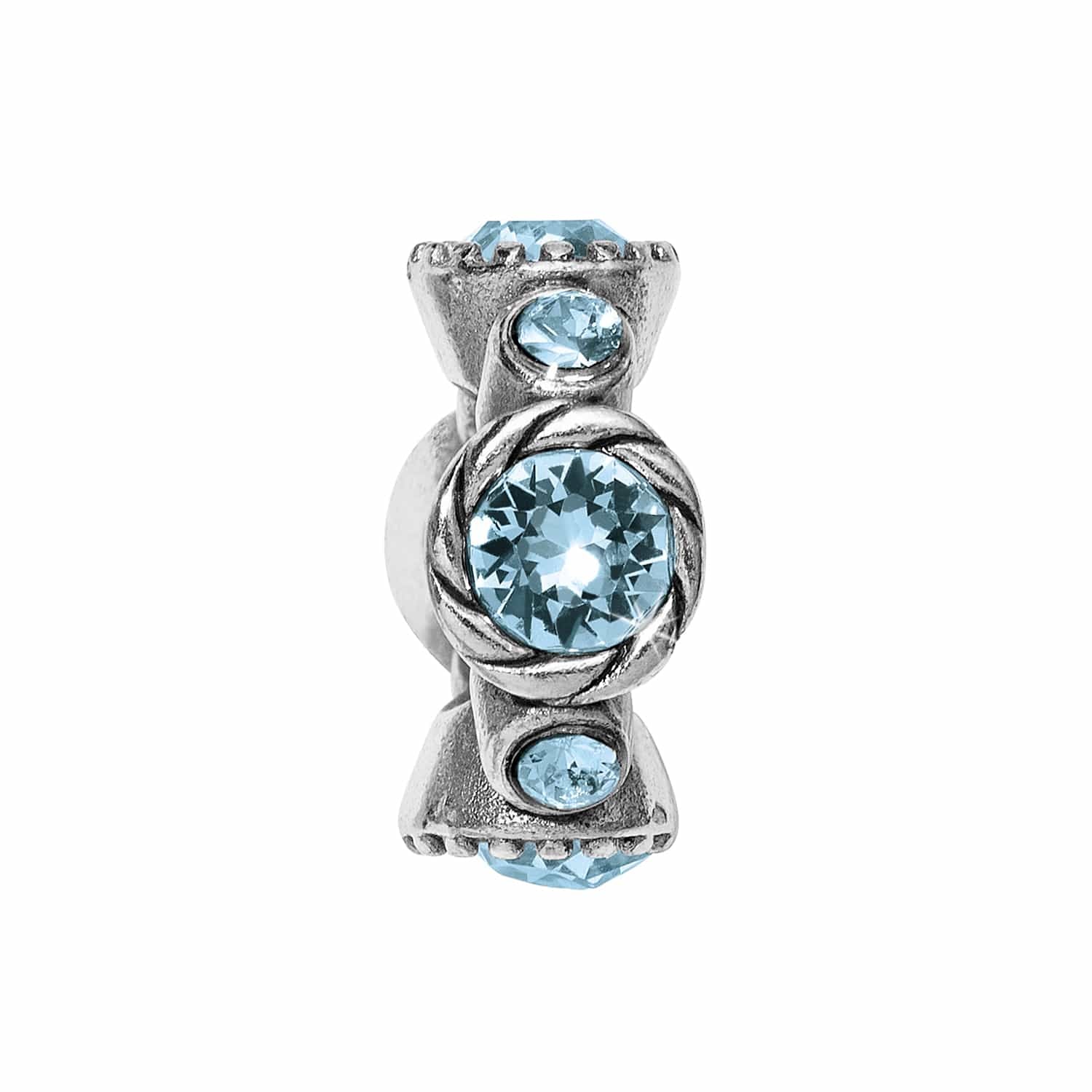 Brighton silver-plated charm with light blue crystals and twisted rope detail around center stone on a white background