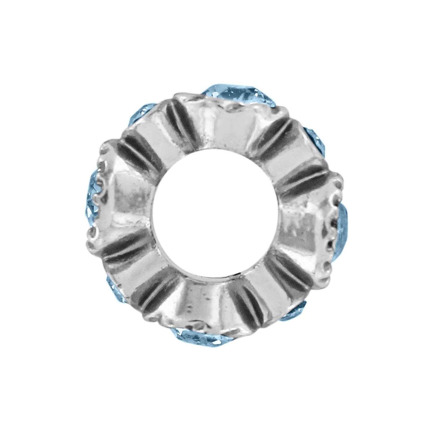 Brighton spacer charm shown from the side with silver-plated ridged band and blue crystal accents on a white background