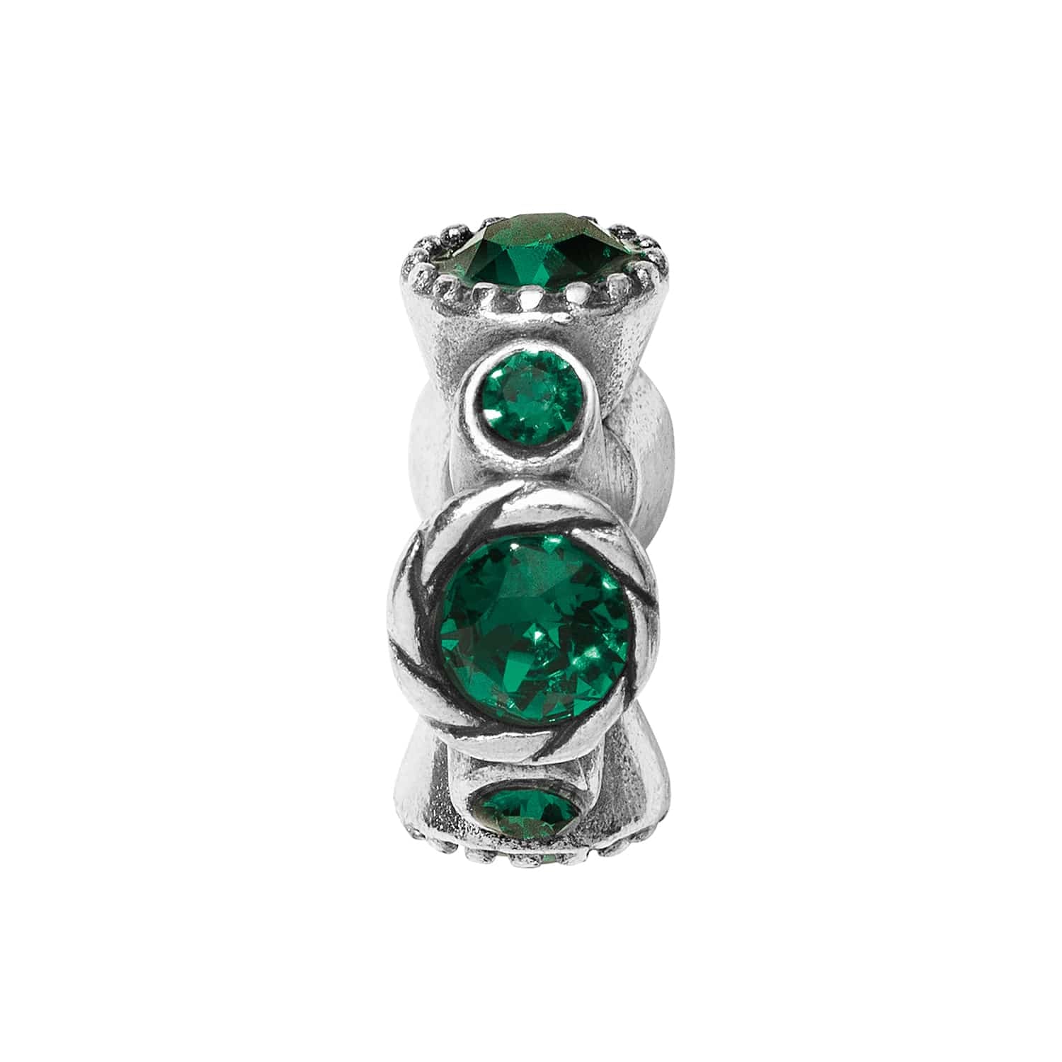 Brighton silver-plated spacer charm with round green crystals set in beaded and leaf-detailed stations on a white background