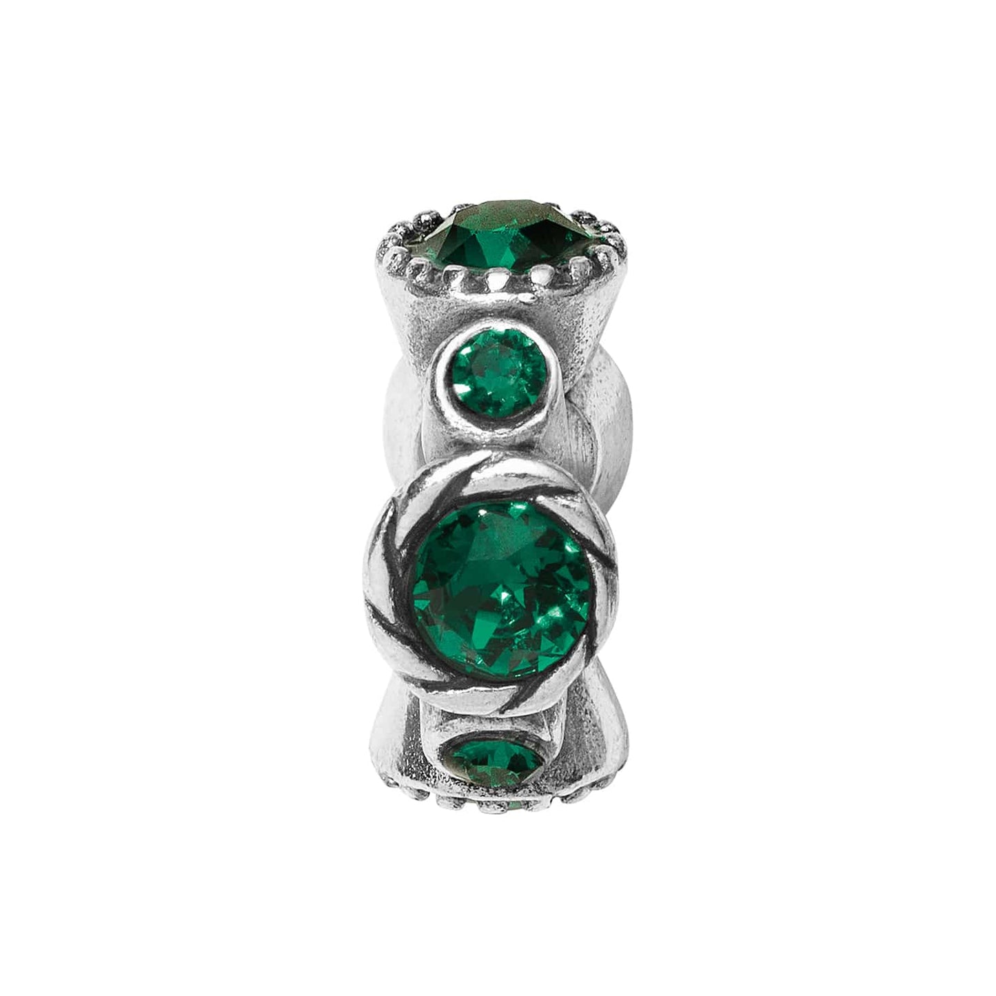 Brighton silver-plated spacer charm with round green crystals set in beaded and leaf-detailed stations on a white background