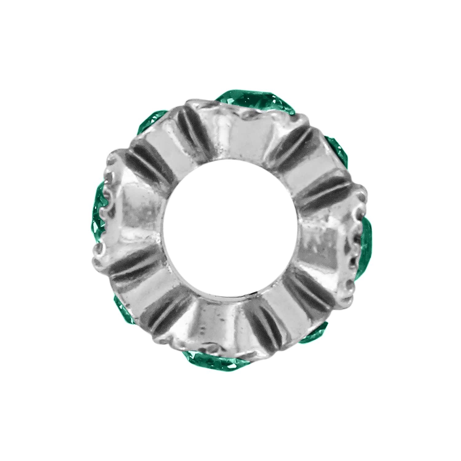 Brighton silver-plated spacer bead with green crystal accents and open center shown from the side on a white background