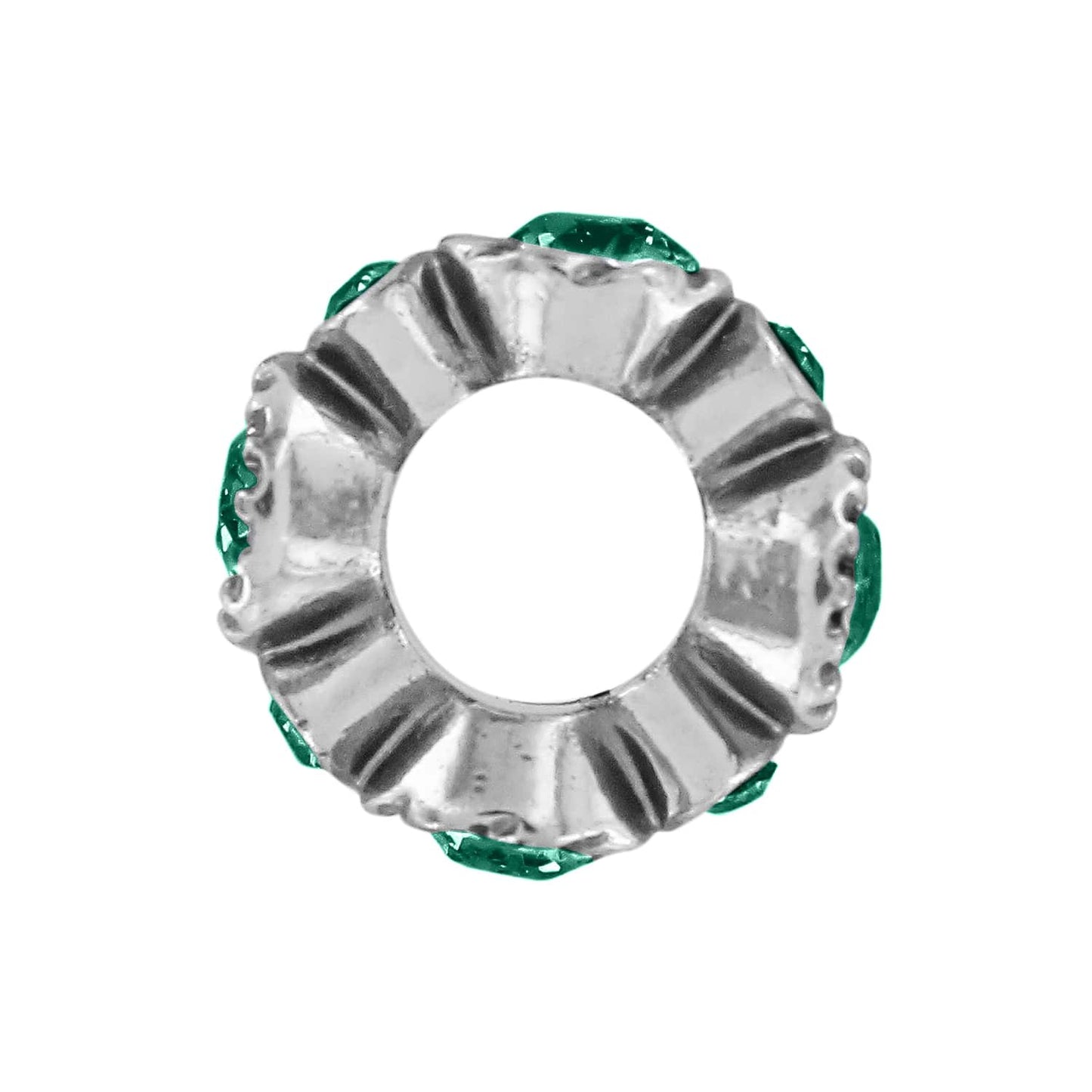 Brighton silver-plated spacer bead with green crystal accents and open center shown from the side on a white background
