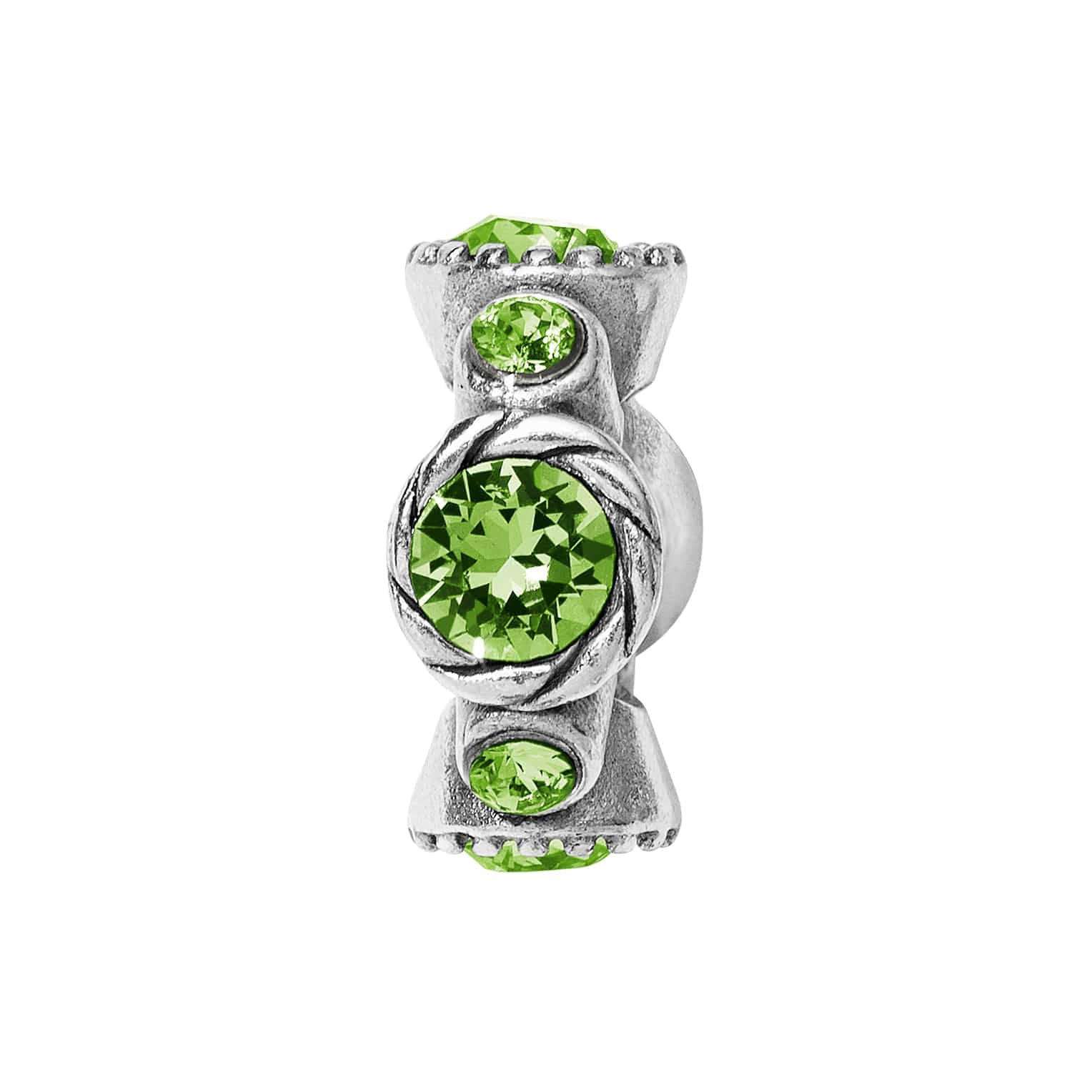 Brighton silver-plated charm with round green crystals and braided rope-style bezel detail on a white background