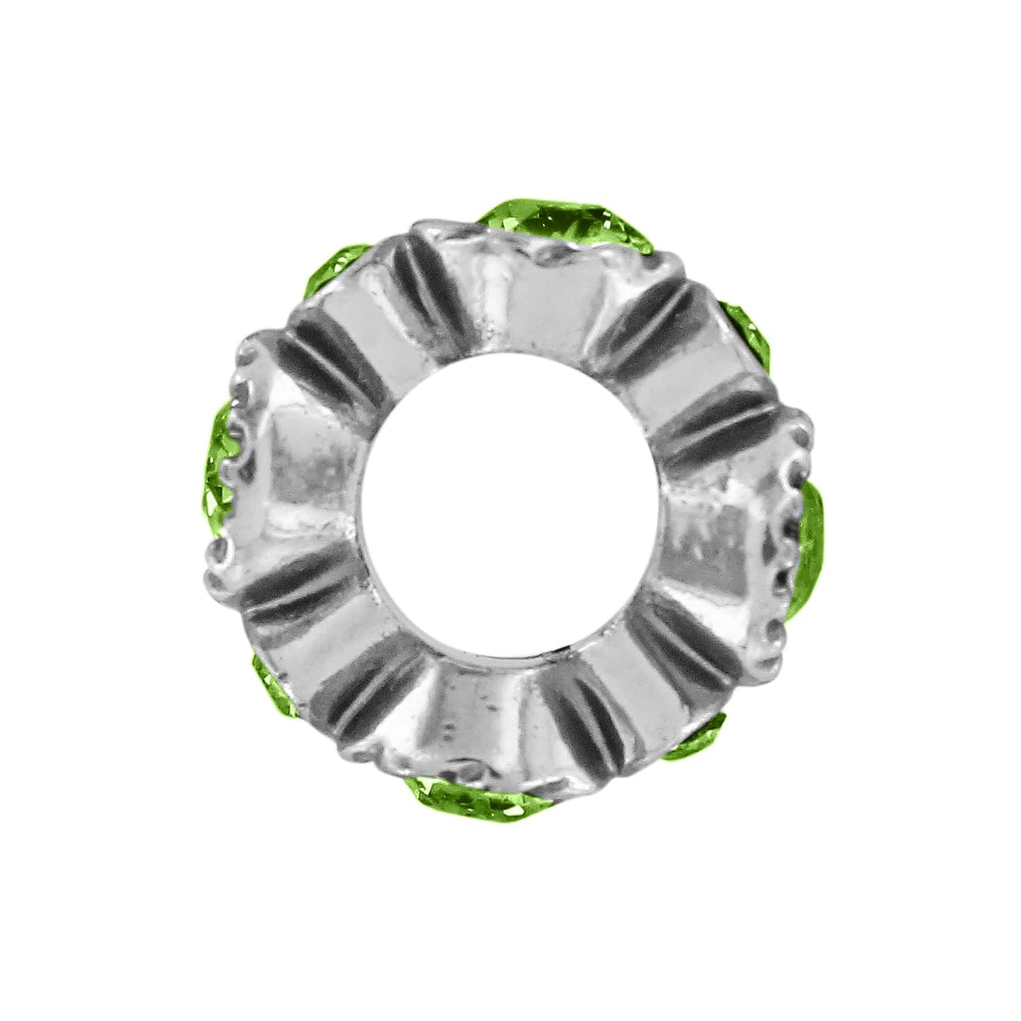 Brighton silver-plated spacer bead with green crystal accents and ribbed detailing shown from the side on a white background