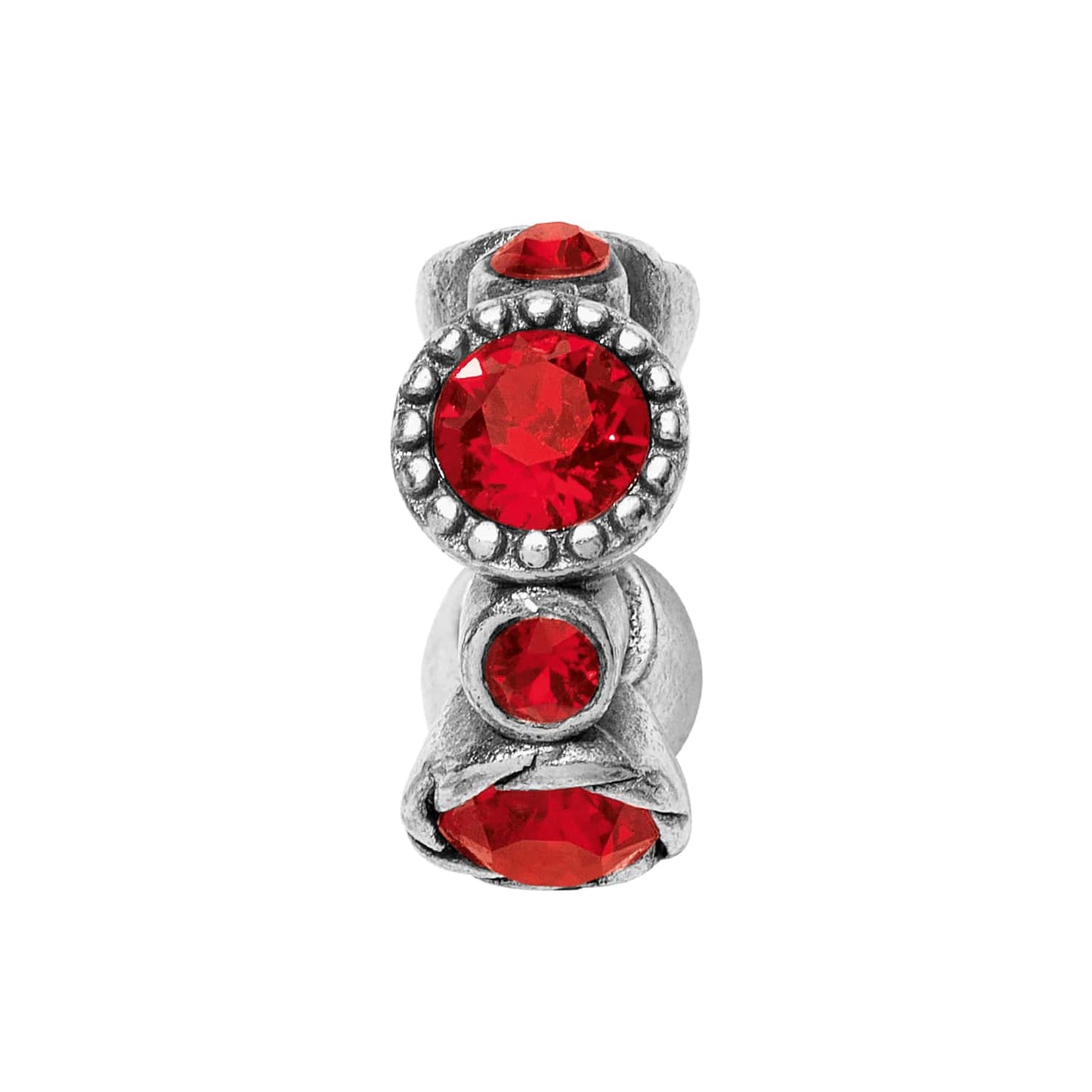 Brighton silver-plated charm bead with red faceted crystals and beaded detailing around center stone on a white background