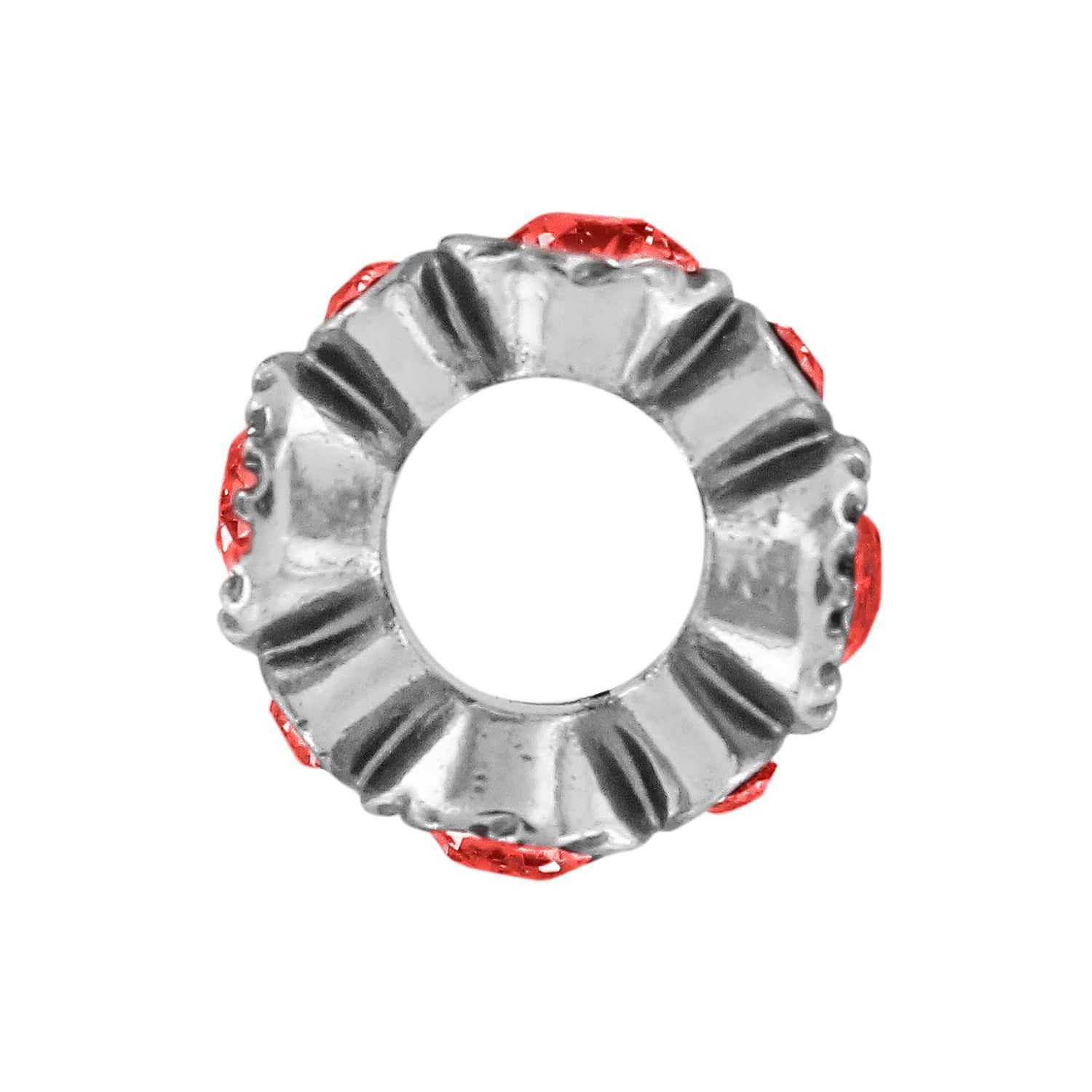 Brighton spacer bead charm with silver-plated fluted design and red crystal accents on a white background