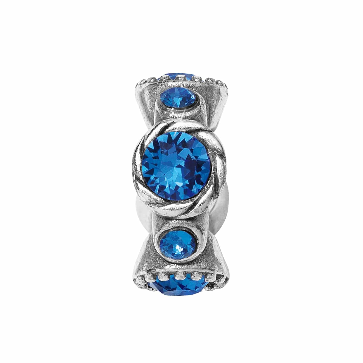 Brighton silver-plated charm bead with blue crystal stones and rope-twist detailing around the center on a white background